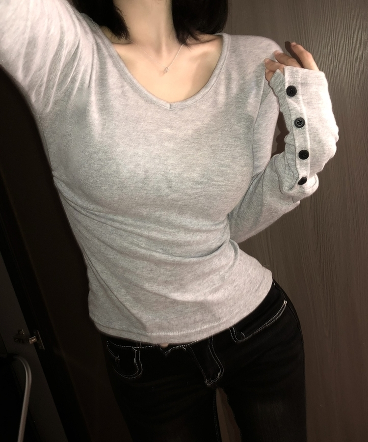 Vネックボタンスリーブ長袖Tシャツ(7color) MELANGE