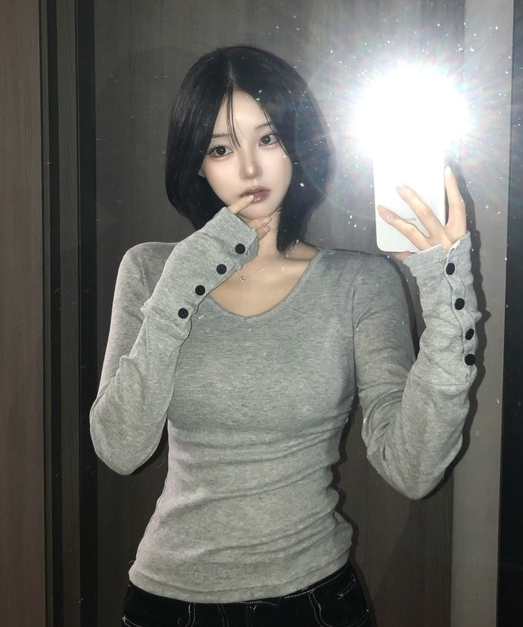 Vネックボタンスリーブ長袖Tシャツ(7color) MELANGE