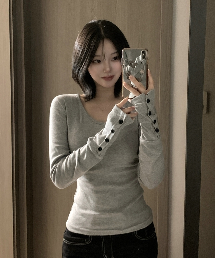 Vネックボタンスリーブ長袖Tシャツ(7color) MELANGE