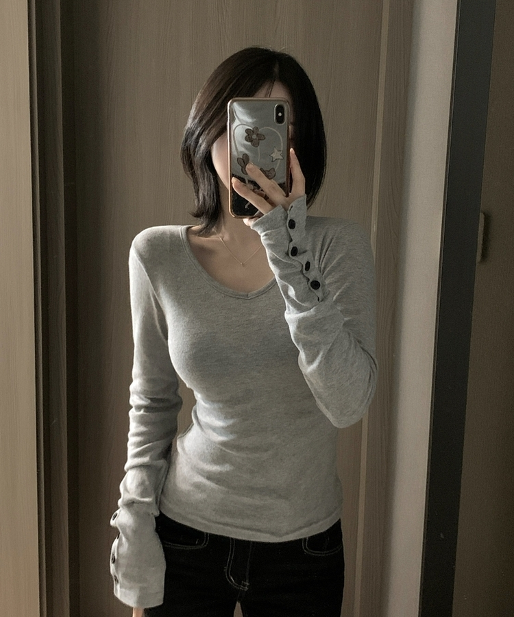 Vネックボタンスリーブ長袖Tシャツ(7color) MELANGE