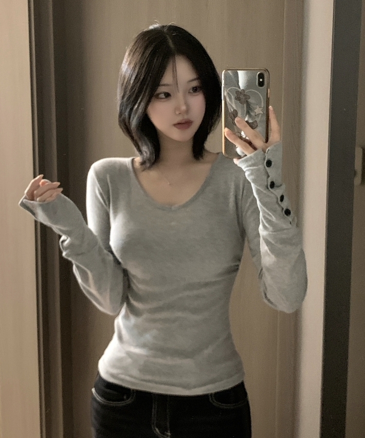 Vネックボタンスリーブ長袖Tシャツ(7color) MELANGE