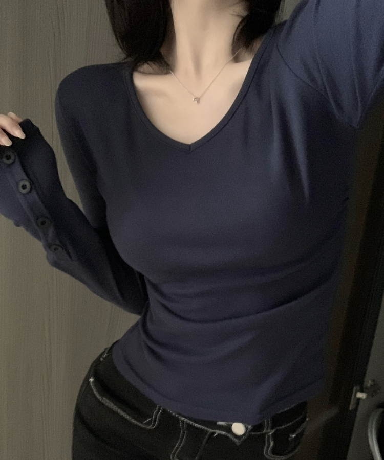 Vネックボタンスリーブ長袖Tシャツ(7color) NAVY