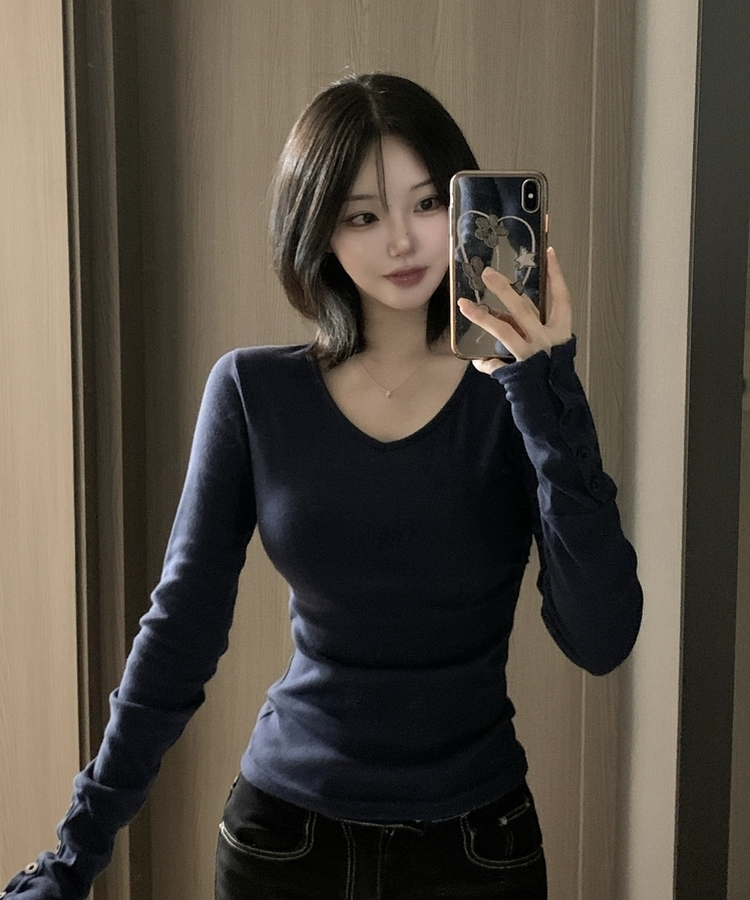 Vネックボタンスリーブ長袖Tシャツ(7color) NAVY