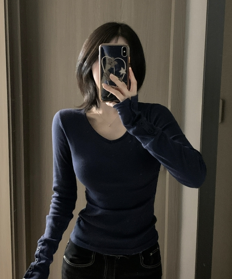 Vネックボタンスリーブ長袖Tシャツ(7color) NAVY