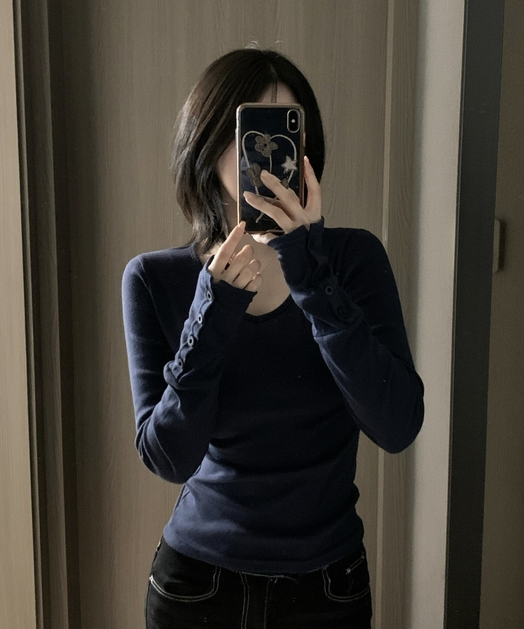 Vネックボタンスリーブ長袖Tシャツ(7color) NAVY