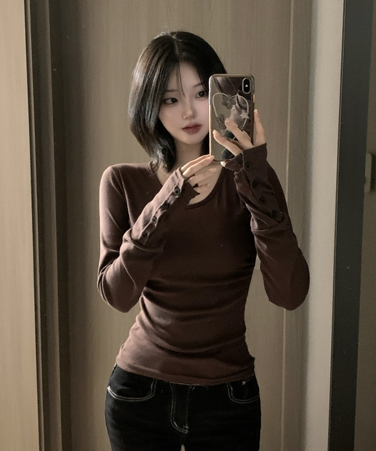 Vネックボタンスリーブ長袖Tシャツ(7color) BROWN