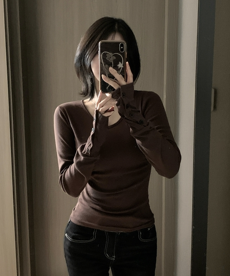 Vネックボタンスリーブ長袖Tシャツ(7color) BROWN