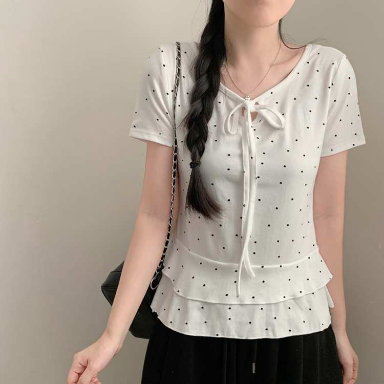 ドットリボンフリル半袖Tシャツ IVORY