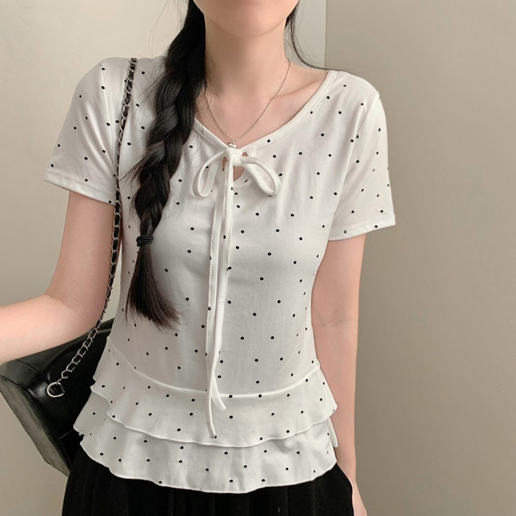 ドットリボンフリル半袖Tシャツ IVORY