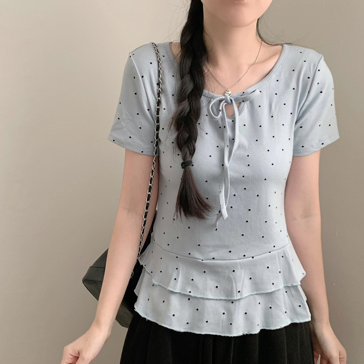 ドットリボンフリル半袖Tシャツ SKY BLUE