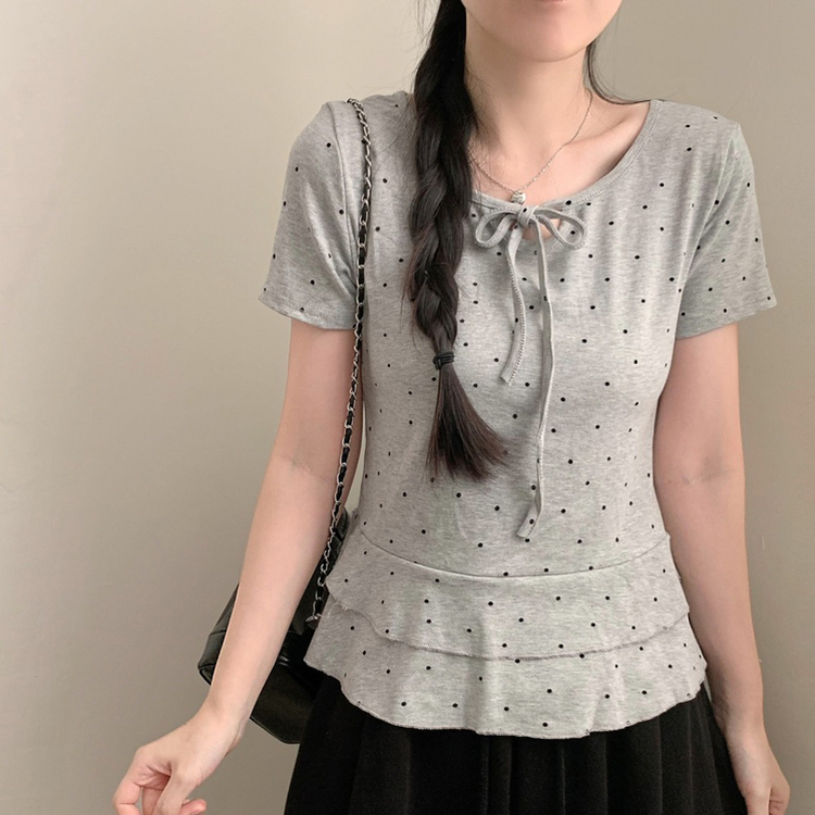 ドットリボンフリル半袖Tシャツ GRAY