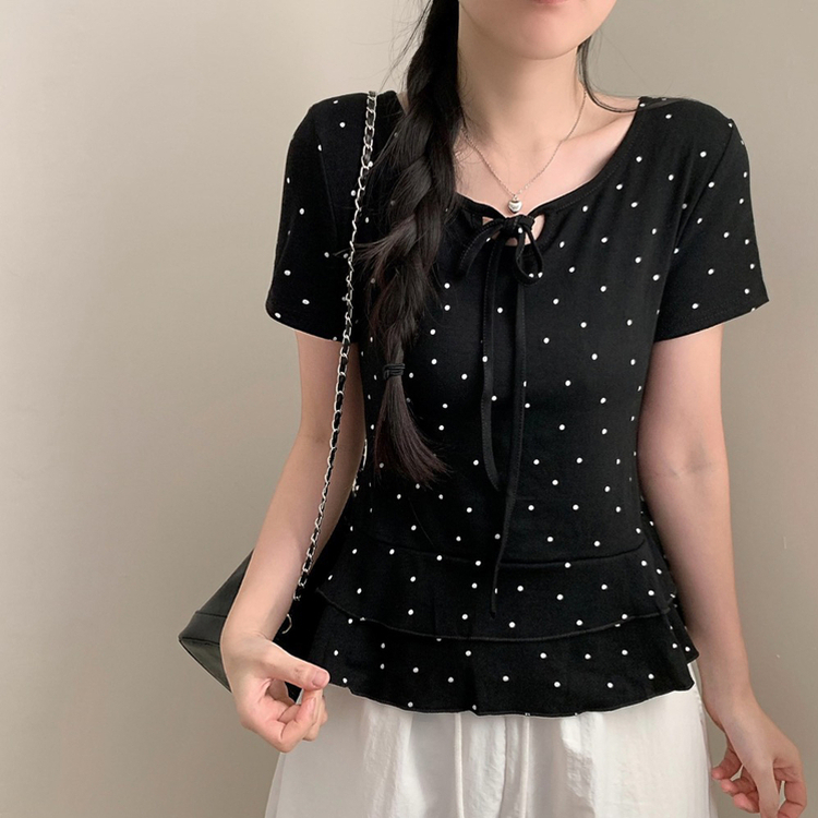 ドットリボンフリル半袖Tシャツ BLACK