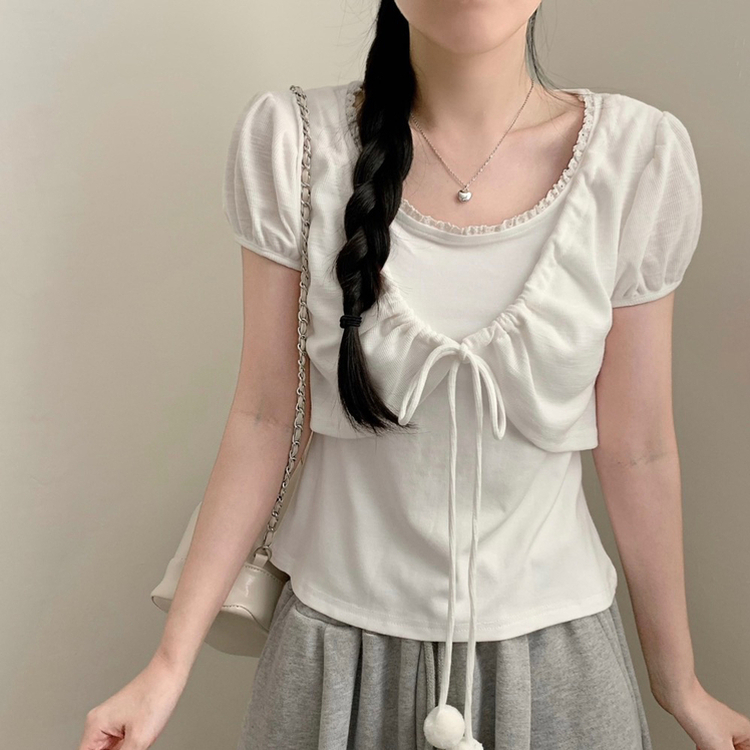 ポンポンリボンボレロパフレイヤード半袖Tシャツ IVORY