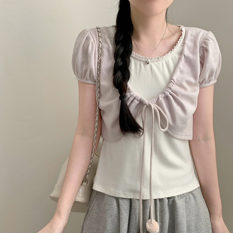 ポンポンリボンボレロパフレイヤード半袖Tシャツ PINK