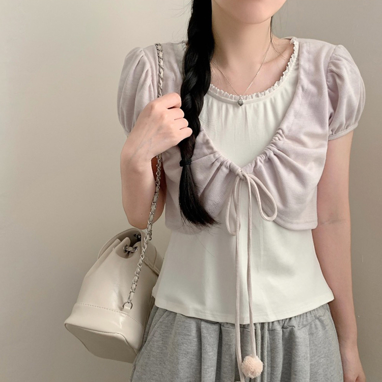 ポンポンリボンボレロパフレイヤード半袖Tシャツ PINK