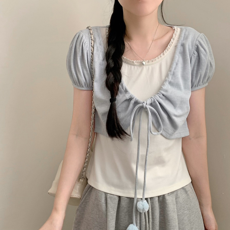 ポンポンリボンボレロパフレイヤード半袖Tシャツ SKY BLUE