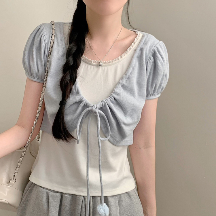 ポンポンリボンボレロパフレイヤード半袖Tシャツ SKY BLUE