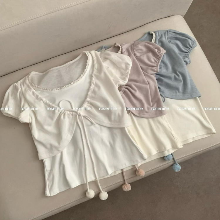 ポンポンリボンボレロパフレイヤード半袖Tシャツ