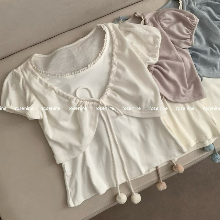 ポンポンリボンボレロパフレイヤード半袖Tシャツ
