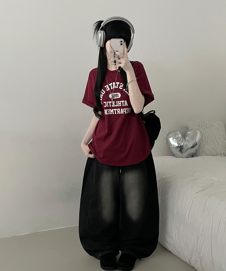 1992배색레터링프린팅박스핏반팔티셔츠 버건디