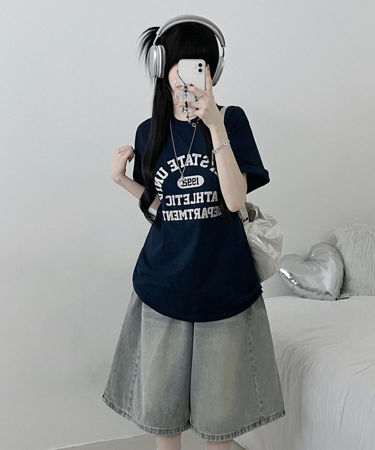 1992배색레터링프린팅박스핏반팔티셔츠 네이비
