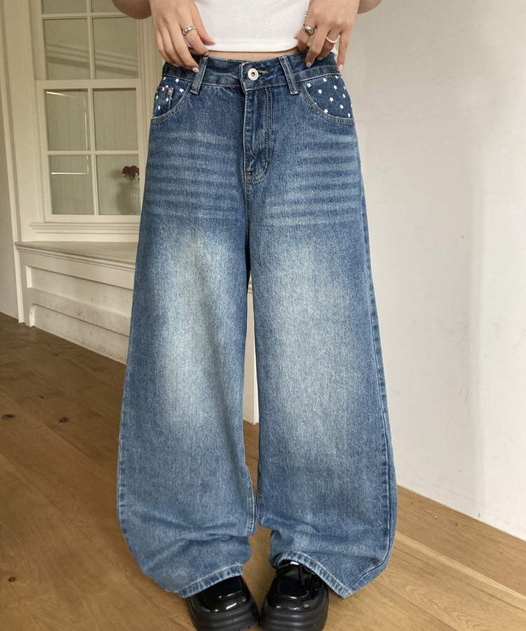 スタープリントバックルワイドデニムパンツ MID DENIM
