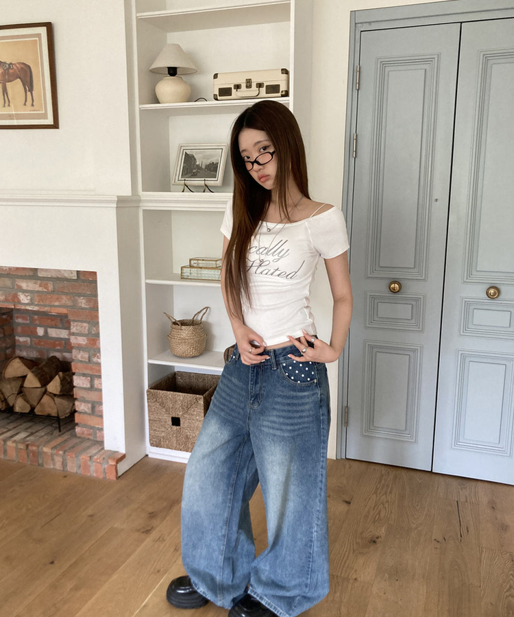 スタープリントバックルワイドデニムパンツ MID DENIM