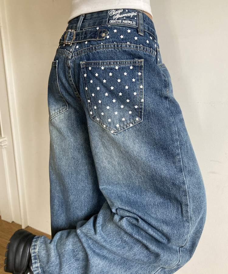 スタープリントバックルワイドデニムパンツ MID DENIM