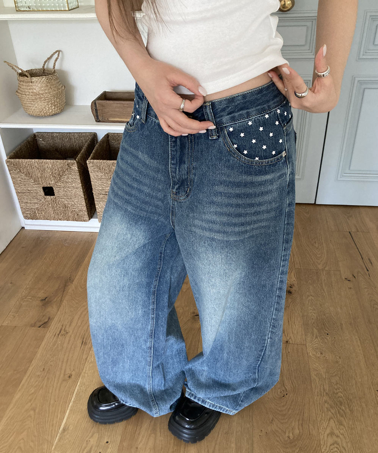 スタープリントバックルワイドデニムパンツ MID DENIM