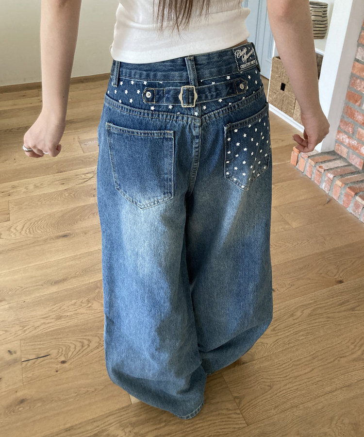 スタープリントバックルワイドデニムパンツ MID DENIM