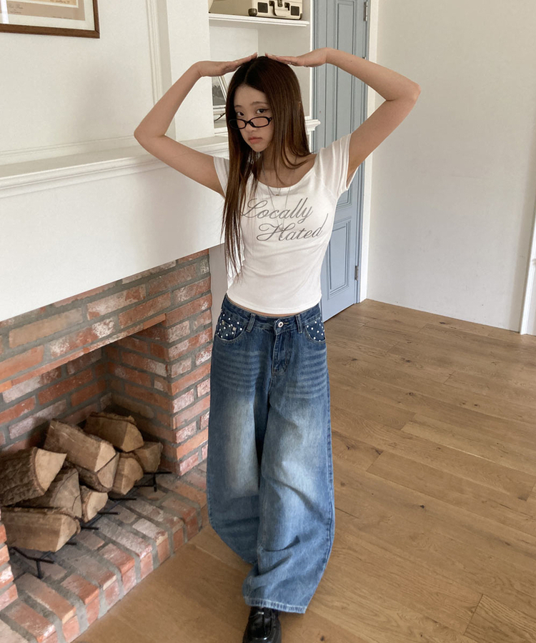 スタープリントバックルワイドデニムパンツ MID DENIM