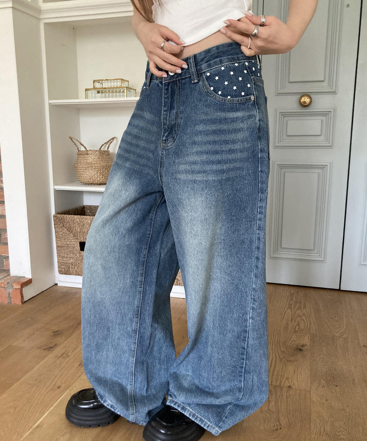 スタープリントバックルワイドデニムパンツ MID DENIM