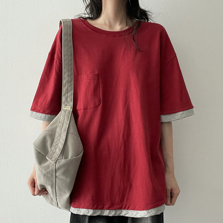 レイヤードバイカラー半袖Tシャツ WINE