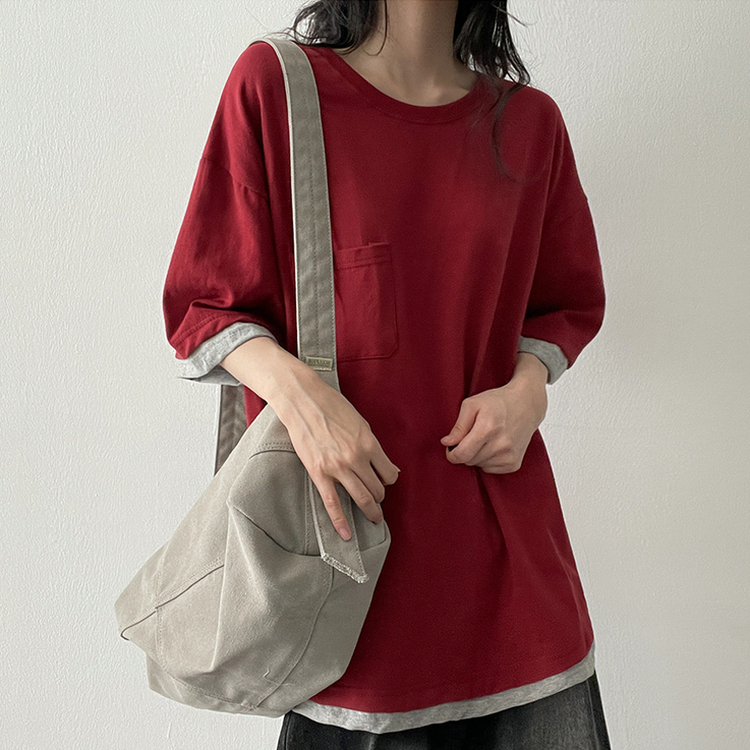 レイヤードバイカラー半袖Tシャツ WINE