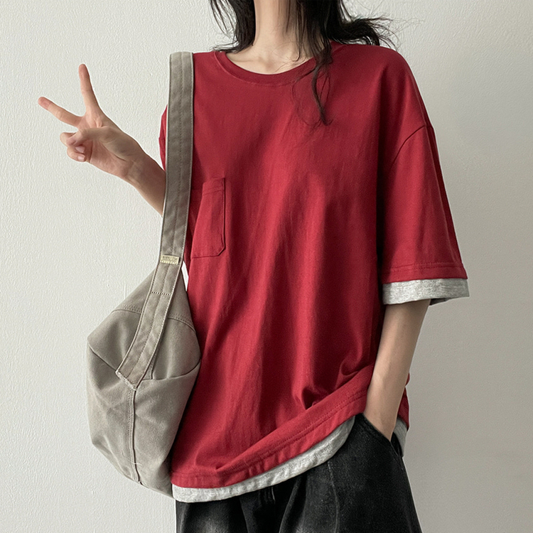 レイヤードバイカラー半袖Tシャツ WINE