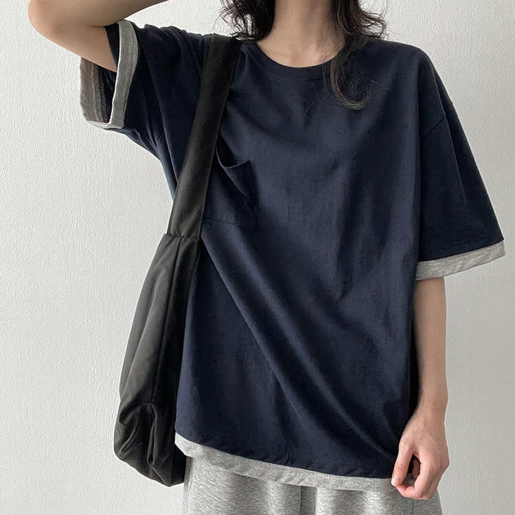 レイヤードバイカラー半袖Tシャツ NAVY