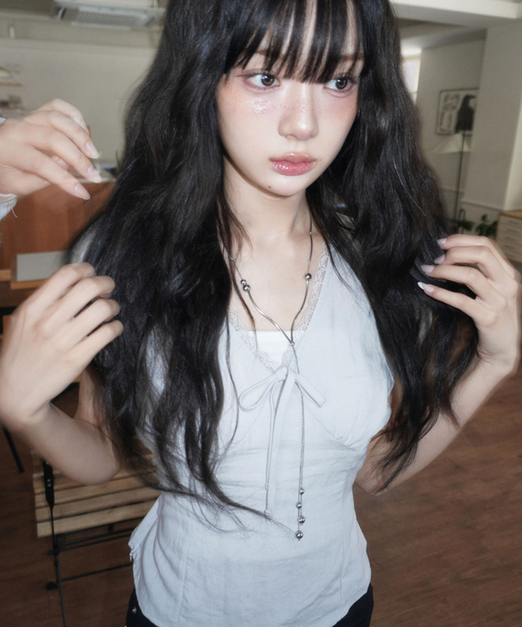 ディープVレース半袖ブラウス BLUE