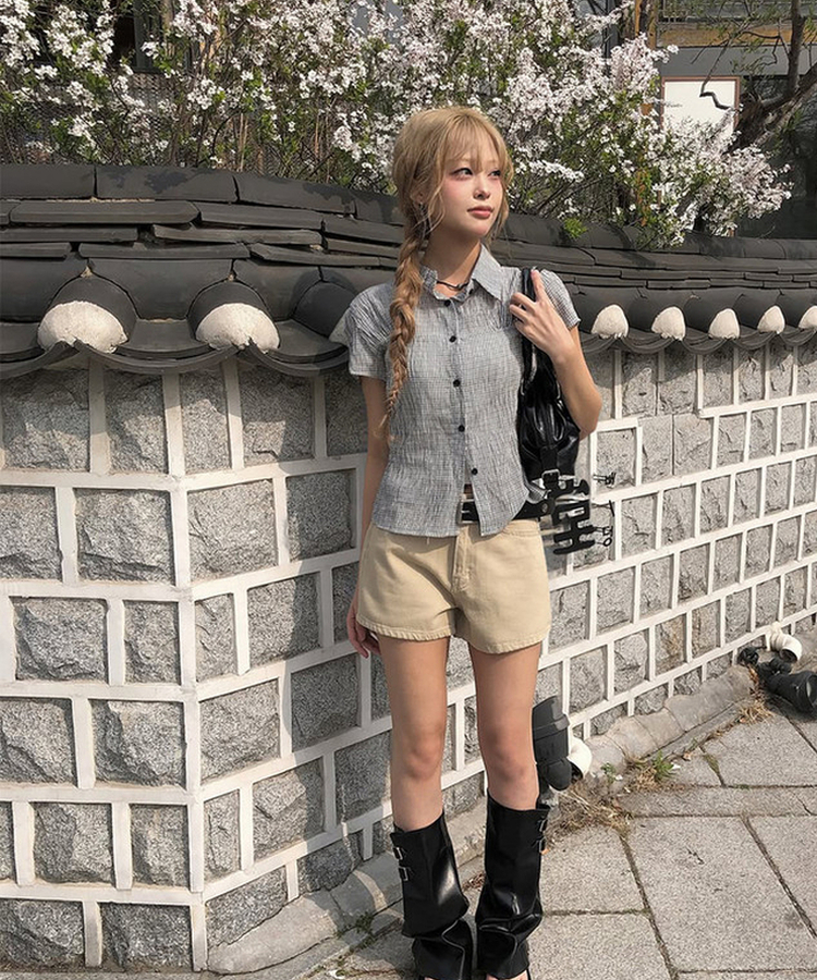 チェックシアリングパフ半袖シャツ IVORY