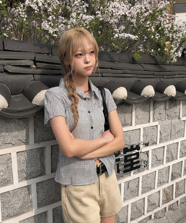 チェックシアリングパフ半袖シャツ IVORY