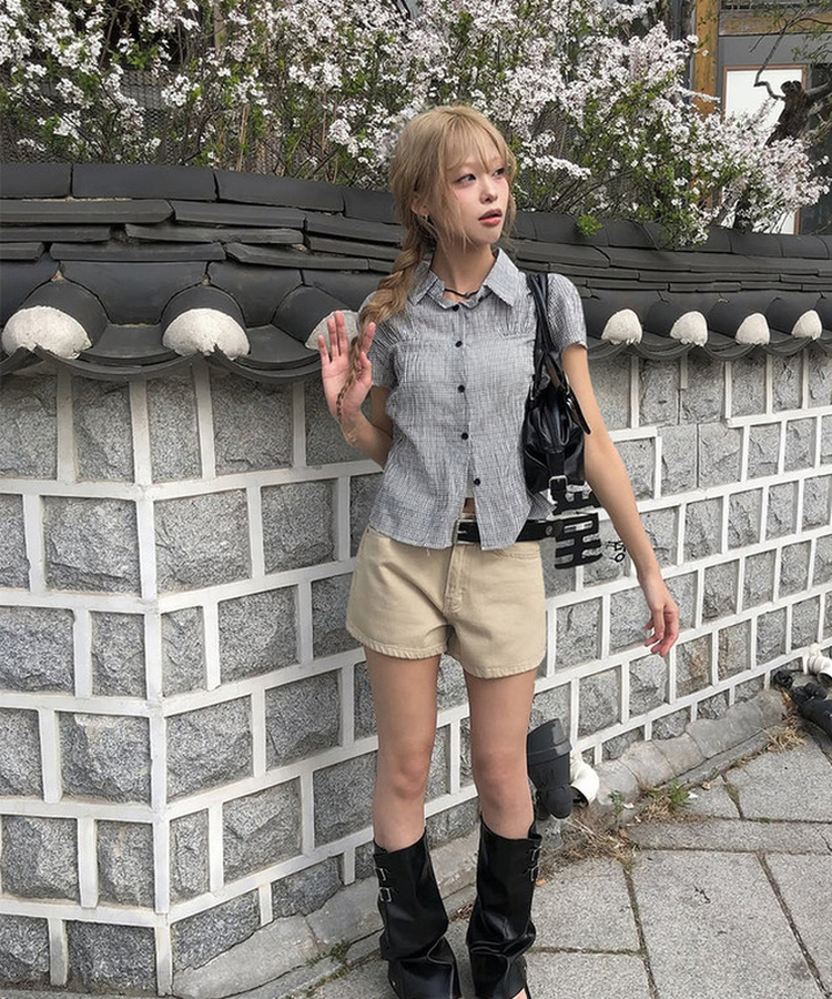 チェックシアリングパフ半袖シャツ IVORY