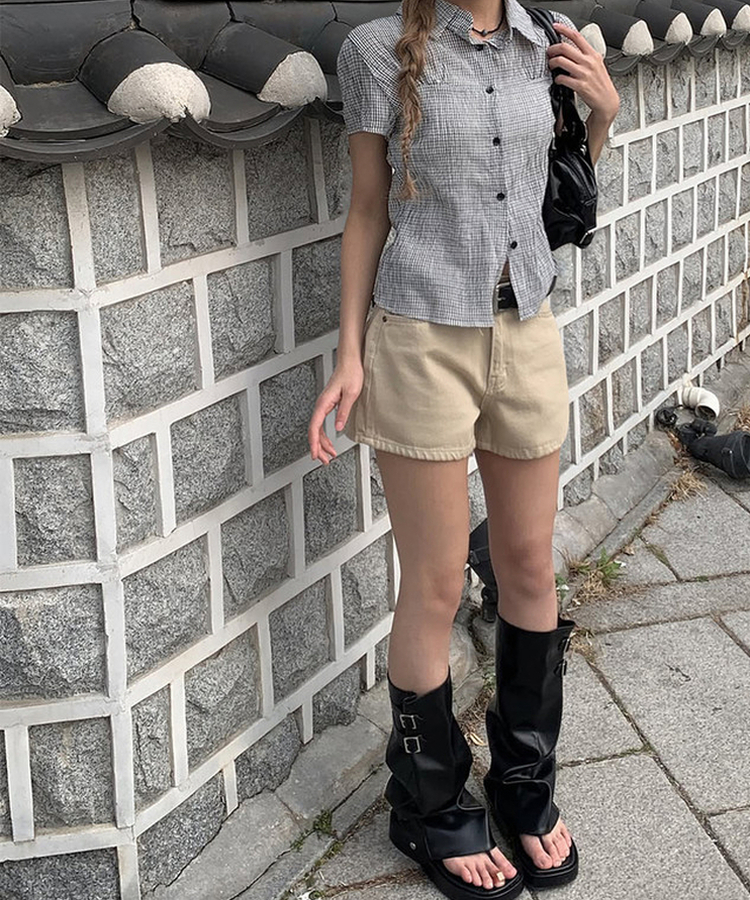 チェックシアリングパフ半袖シャツ IVORY