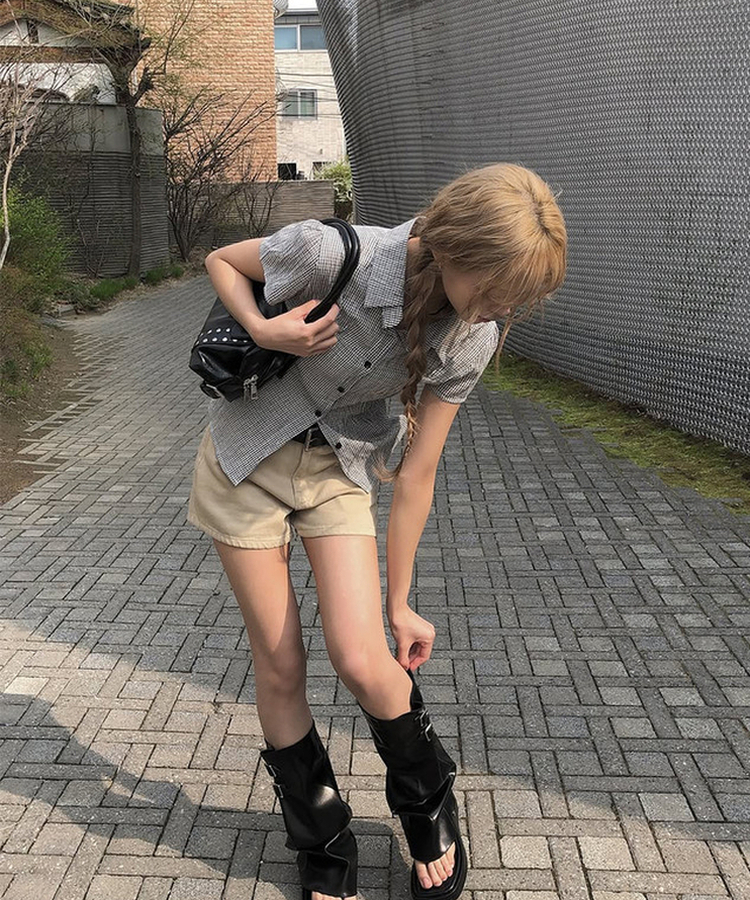 チェックシアリングパフ半袖シャツ IVORY