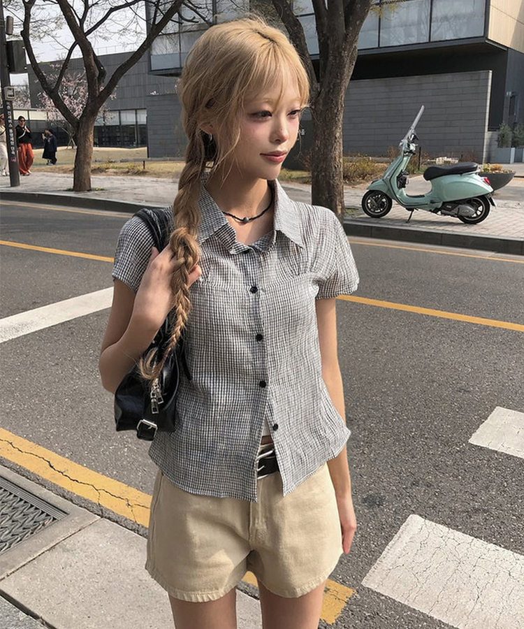 チェックシアリングパフ半袖シャツ IVORY