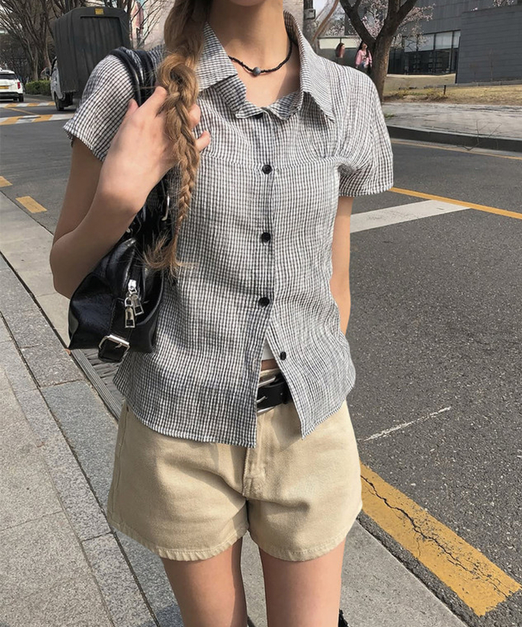 チェックシアリングパフ半袖シャツ IVORY