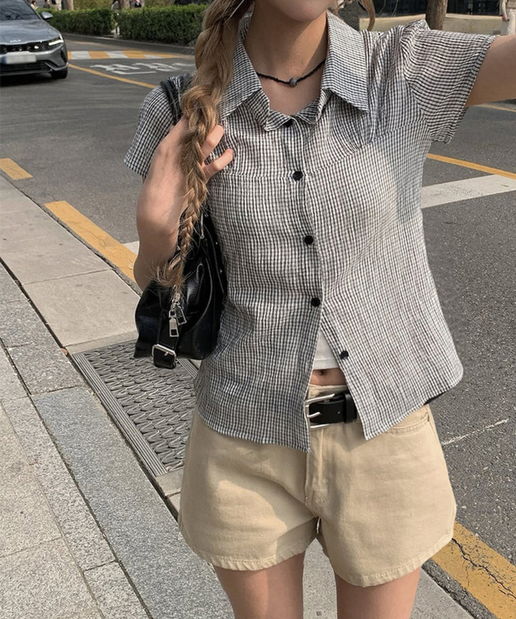 チェックシアリングパフ半袖シャツ IVORY