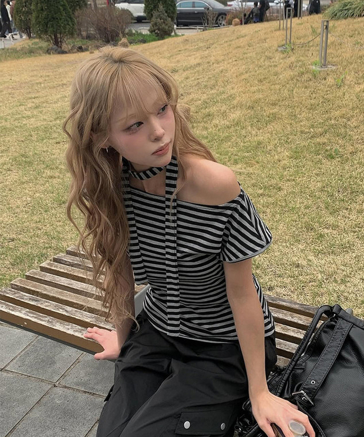 ボーダーワンショルダーリボン半袖Tシャツ STRIPE