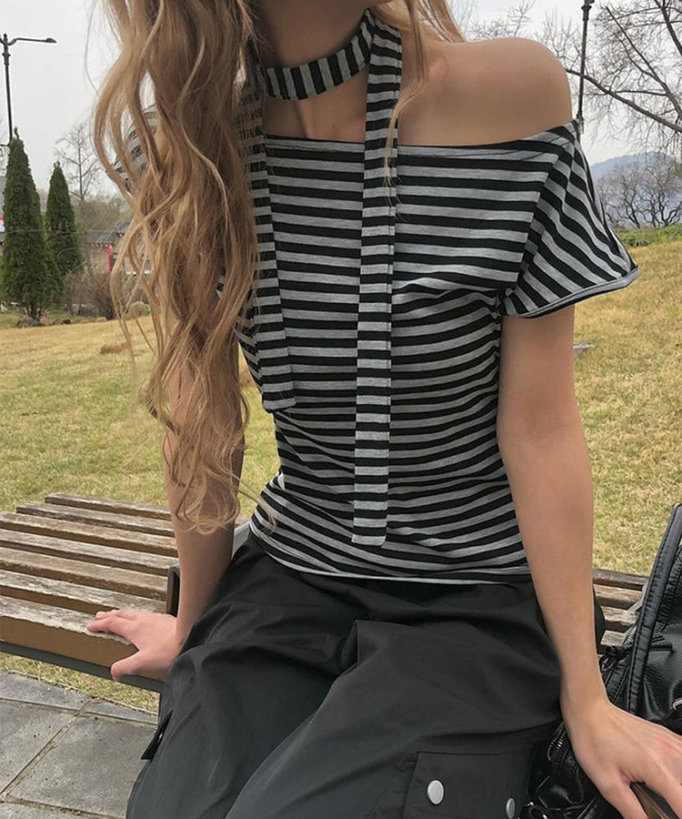 ボーダーワンショルダーリボン半袖Tシャツ STRIPE