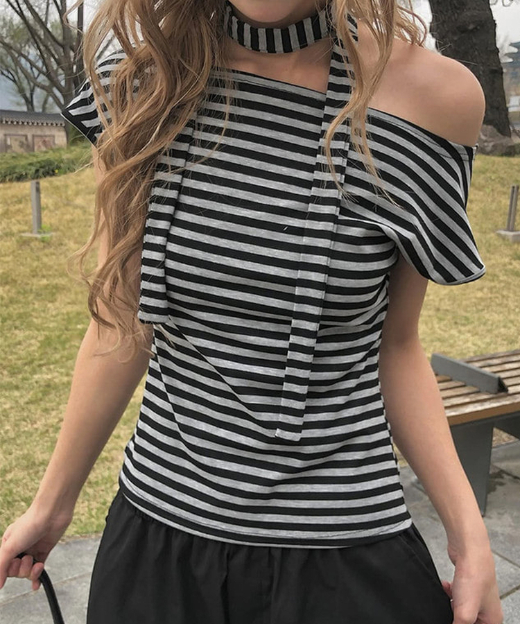 ボーダーワンショルダーリボン半袖Tシャツ STRIPE