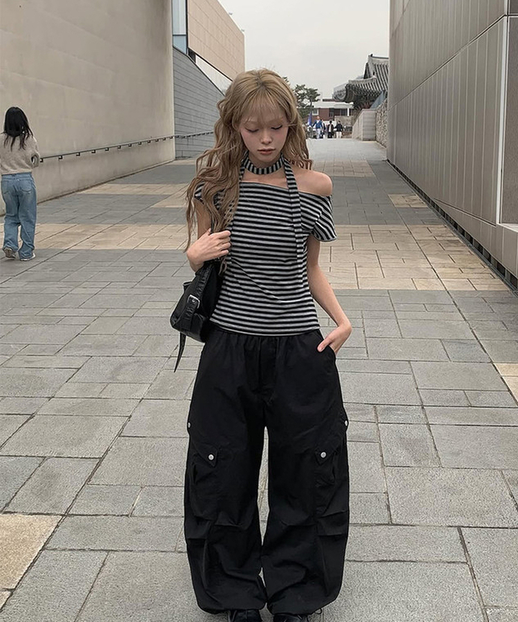 ボーダーワンショルダーリボン半袖Tシャツ STRIPE