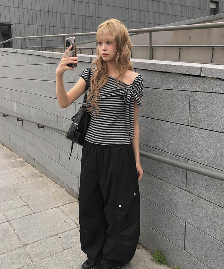 ボーダーワンショルダーリボン半袖Tシャツ STRIPE
